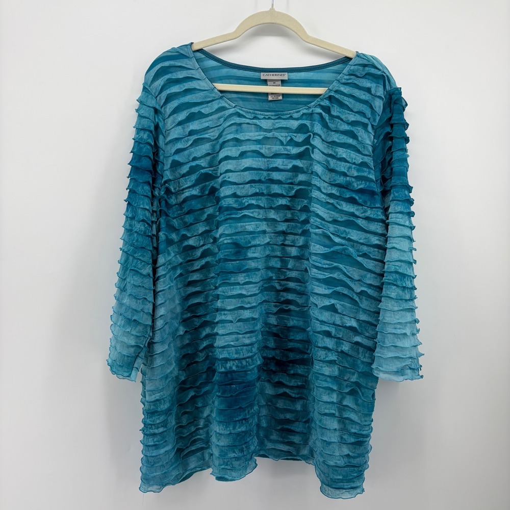 Catherines Womens 1X Blue Tunic Top Ruffle Tiered Mesh 3/4 Sleeve Space Dye
